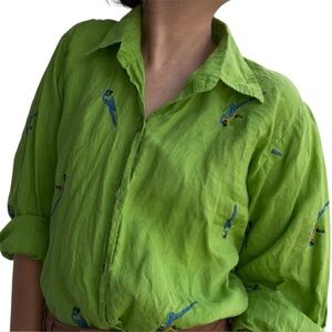 Vintage Casey Coleman Embroidered Parrot Button-Down Shirt – Bright Green Linen